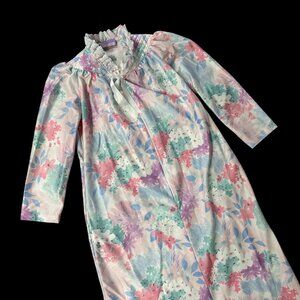Vintage Nightgown 1980s Beth Michaels Floral Ruffle Collar Pockets Flower Duster